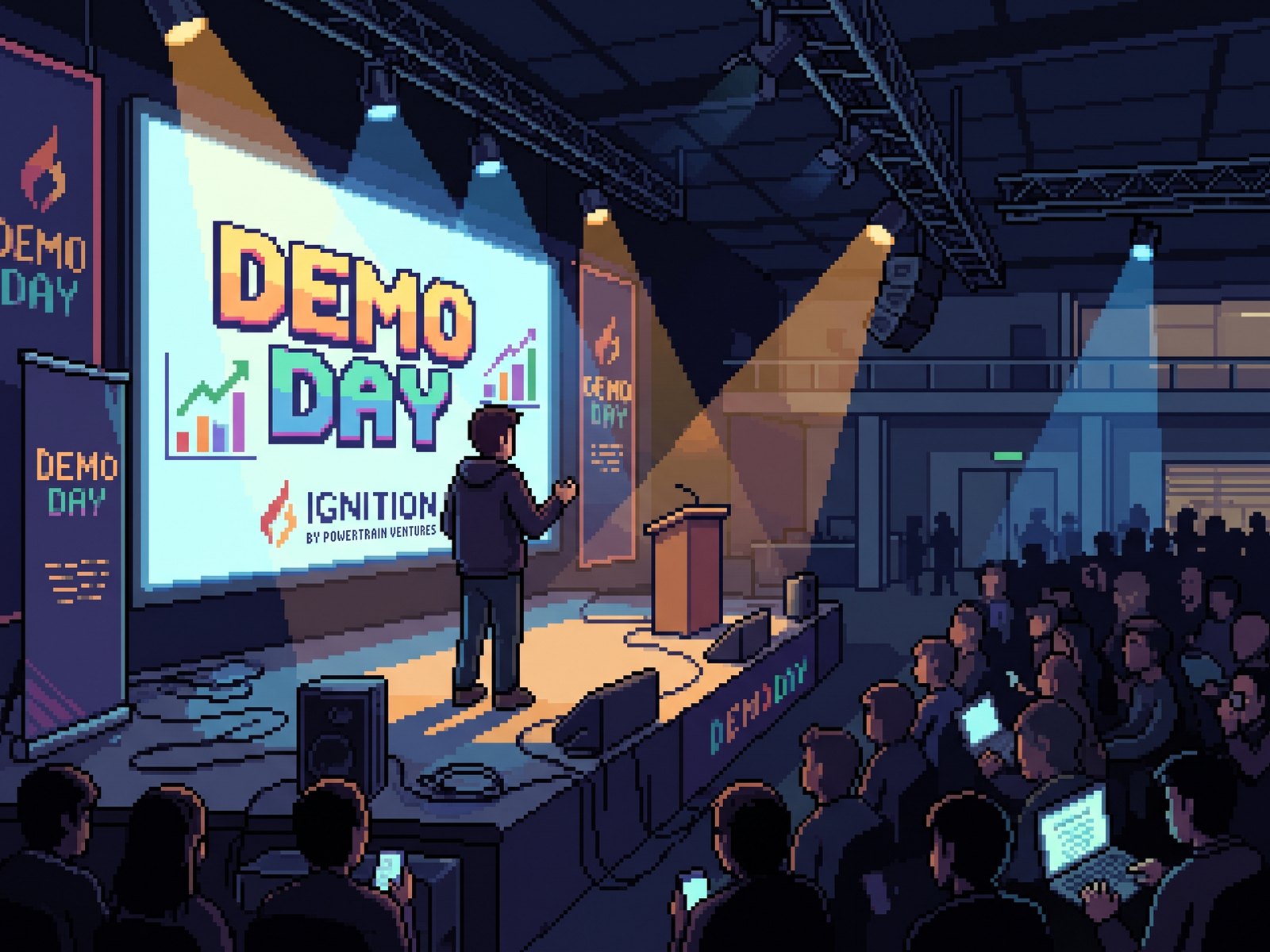 Pixel-art illustration of a founder pitching on a Demo Day stage in front of a large IGNITION by Powertrain Ventures screen, with an audience of investors watching under amber and blue stage lights.