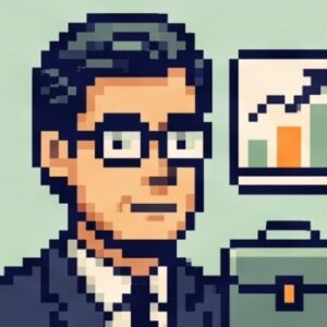 Pixel-art avatar of a financial advisor in glasses and a suit, with a growth chart and a briefcase.