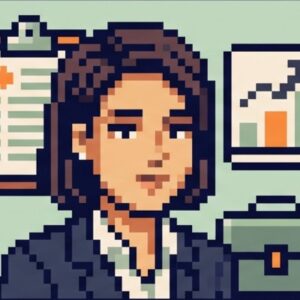 Pixel-art avatar of a consultant in a blazer, with a clipboard, a growth chart and a briefcase.