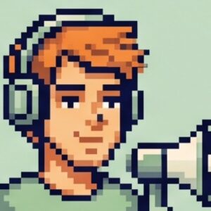 Pixel-art avatar of a marketer wearing headphones, holding a megaphone.