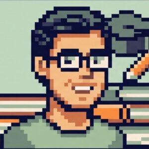 Pixel-art avatar of a tutor in glasses, with a stack of books, a pencil and a graduation cap.