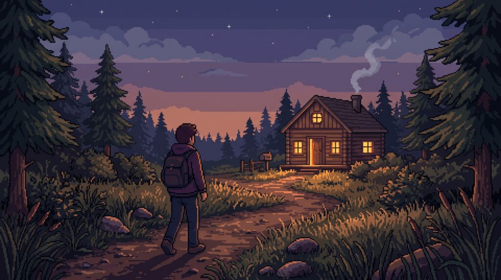 Pixel-art illustration of the same solo founder walking along a forest path toward a cabin with warm lights in the windows at dusk.