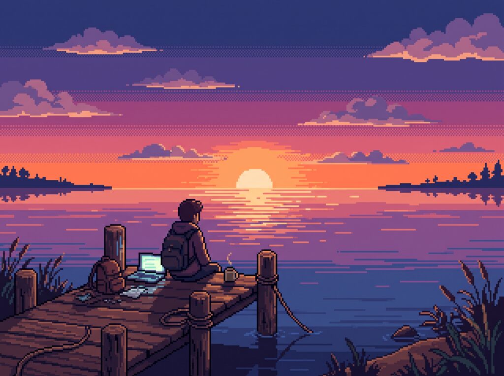 Pixel-art illustration of a solo founder working on a laptop at the end of a wooden dock, looking out over a lake at sunset.