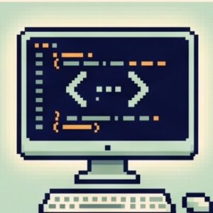 Pixel icon of a computer screen showing code brackets.