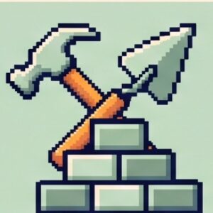 Pixel icon of a hammer and trowel over a stack of bricks.