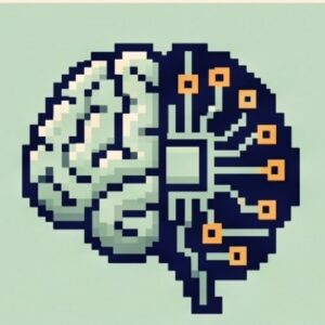Pixel icon of a brain that is half circuit board.