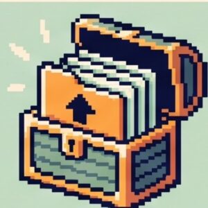Pixel icon of an open chest full of files with an upload arrow.