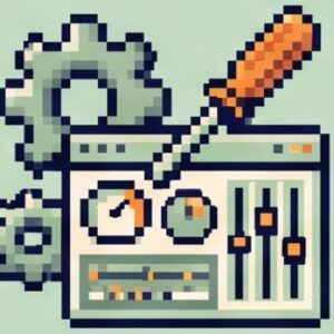 Pixel icon of gears, a screwdriver and a control panel.